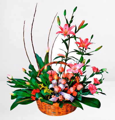 Canasta Pastel con Lilies, Tulipanes y Rosas