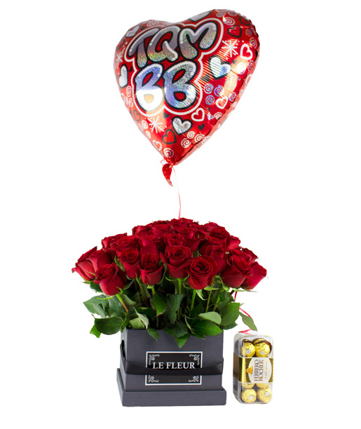 Paquete Enamorados: 48 Rosas Rojas + Globo Corazón + Ferrero